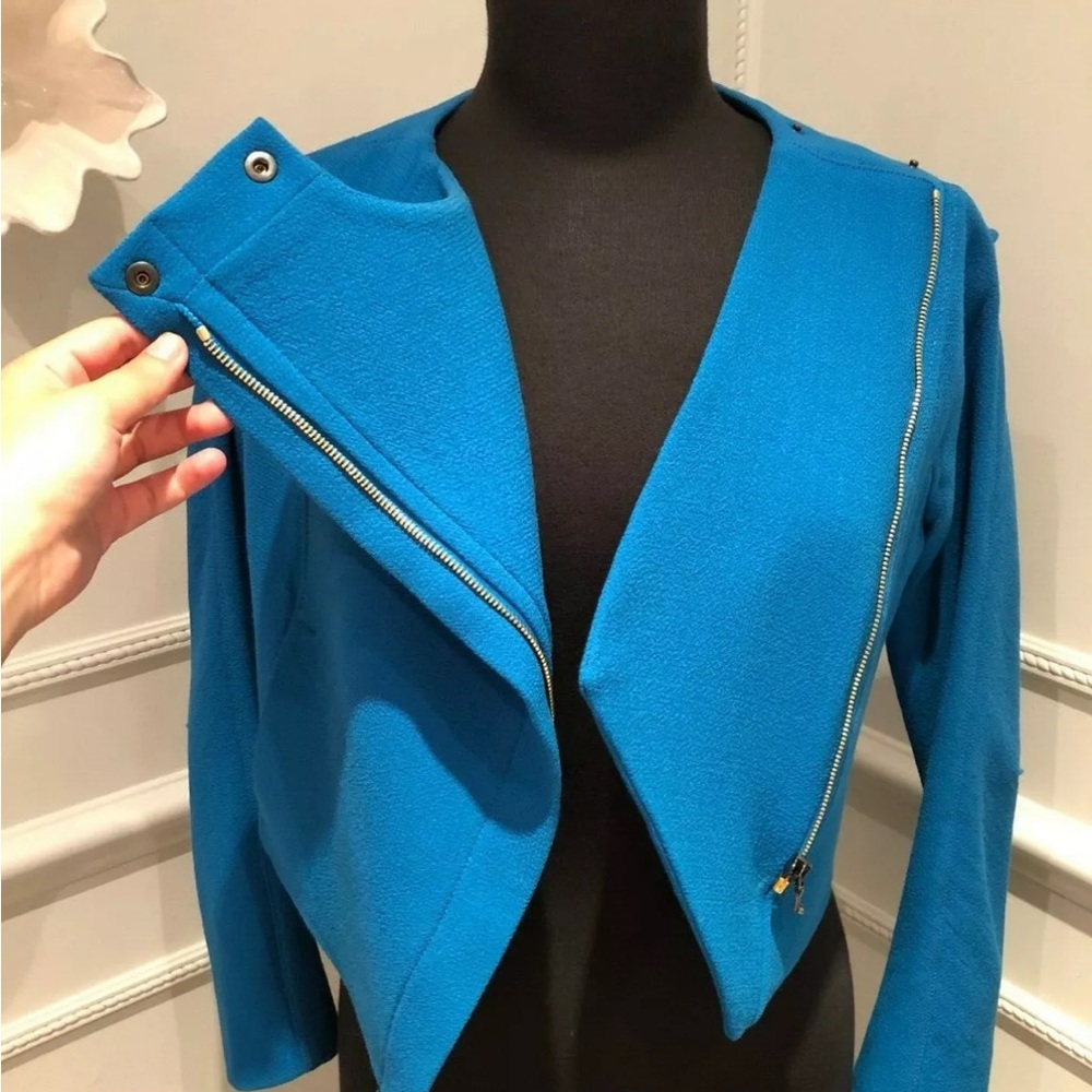 RARE ROLAND MOURET Lancaster Cropped Stretch Wool-Crepe Blue Blazer Jacket 8